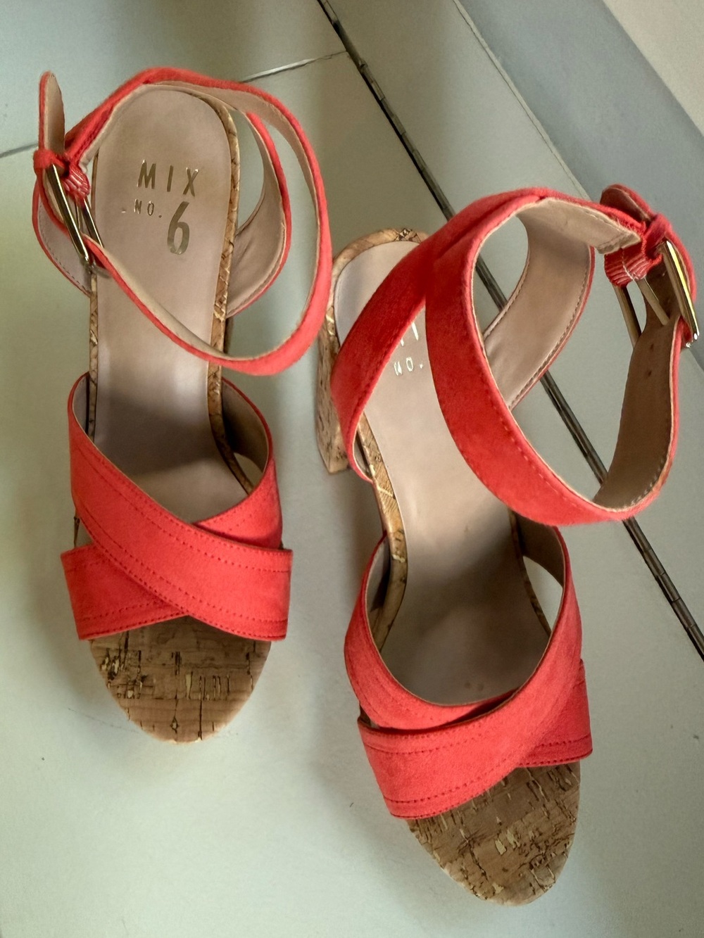 Mix No. 6 Coral / Orange Suede Cork Block Heel Sandals Size 8.5 Like New - Picture 8 of 9